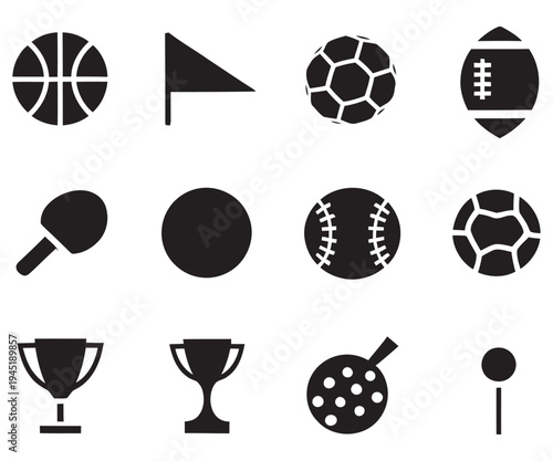 Sports and game balls flat vector icon set, championship trophy and flag sign