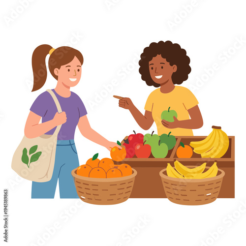 Woman pointing at fresh produce with another woman at an outdoor market