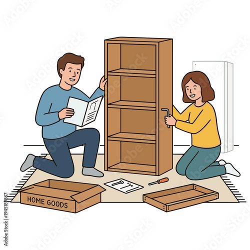 Couple assembling furniture together in a room with instructions and tools