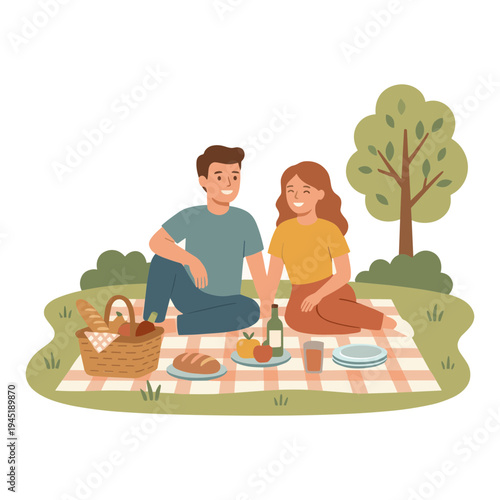 Couple having romantic picnic outdoors on grass with food
