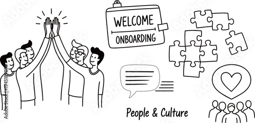 Illustration depicting teamwork, welcome onboarding, communication, and company culture with people, puzzles, and a heart icon.