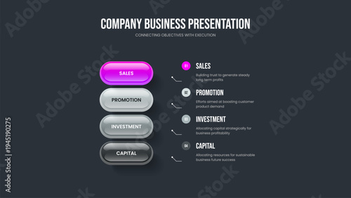 Professional Development Slide Design Vector Illustration. Digital Proposal Four Option Infographic Slideshow Template. Company Performance 4 Element Diagram Presentation Layout.