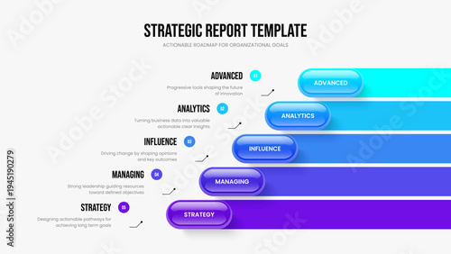 Business Report Five Element Diagram Slide Design. Service Planning 5 Step Infographic Slideshow Layout. Market Profile Presentation Template Vector Illustration.