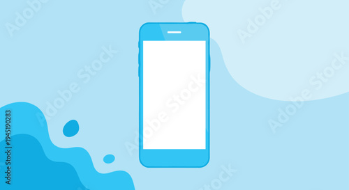 Modern light blue smartphone mockup with a white blank screen on a creative abstract liquid background design.