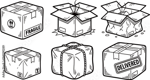 A collection of six different cartoon-style cardboard boxes depicting various stages of shipping and delivery, including fragile, open, damaged, wrapped, bundled, and delivered packages.
