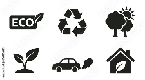 Eco friendly vector icons set including recycling symbol, tree, house with leaf, eco label, seedling, and car with smoke, emphasizing environmental conservation and sustainable living concepts.