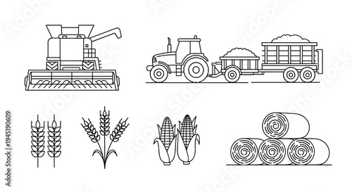 Detailed line art icons depicting essential agricultural machinery like combine harvesters and tractors along with freshly harvested crops.