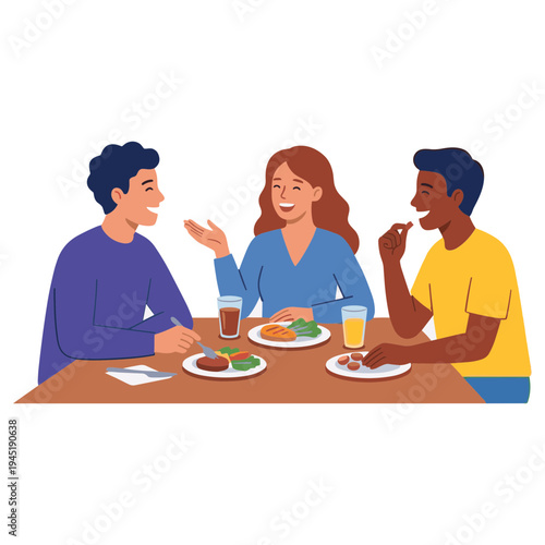 Three friends eating and chatting at a restaurant table indoors