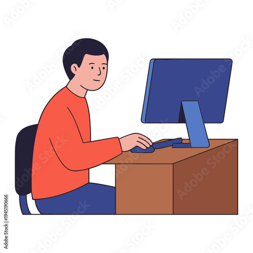 Man sitting at desk working on computer with monitor and keyboard