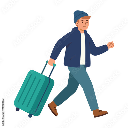 A man walks quickly with a suitcase through an urban area.