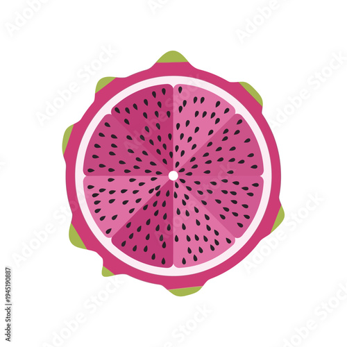 Vibrant flat illustration of a fresh dragon fruit slice, showcasing its bright pink flesh, tiny black seeds, and green-tipped skin.