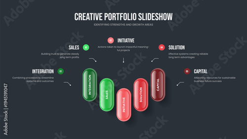 Visual Introduction 5 Step Diagram Slideshow Layout. Market Portfolio Five Option Infographic Frame Design. Professional Insight Presentation Template Vector Illustration.