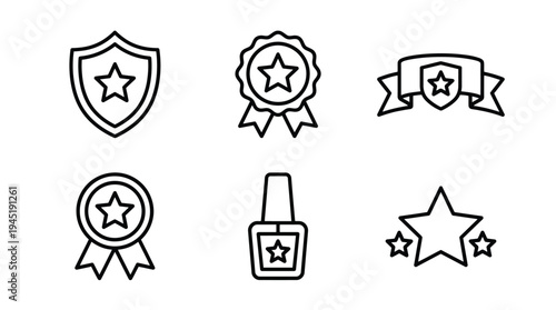 Vector graphic illustration of six star icons with various award symbols and shields in a simple line design style