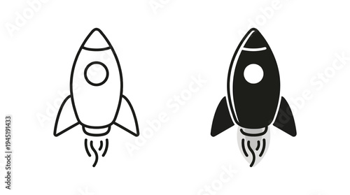Vector graphic illustration of two rocket ship designs in black and white