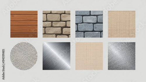 wood, brick, stone, mesh, metal, pattern, texture, design, element, style, sample, swatch, wooden, bricks, stones, metallic, grid, weave, dots, brush, stroke, abstract, art, graphic, collection, set, 