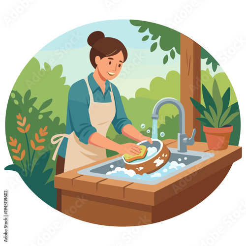 Woman washing dish at outdoor sink surrounded by lush greenery and plants