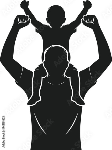 Dad carrying child on shoulders silhouette with arms raised in celebration vector father daughter