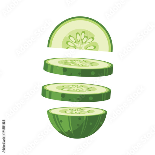 An illustration of a fresh green cucumber sliced into several floating pieces, revealing its inner texture and seeds.