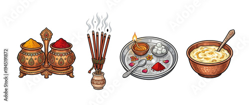 Indian festival ritual items with haldi kumkum and sweet dessert