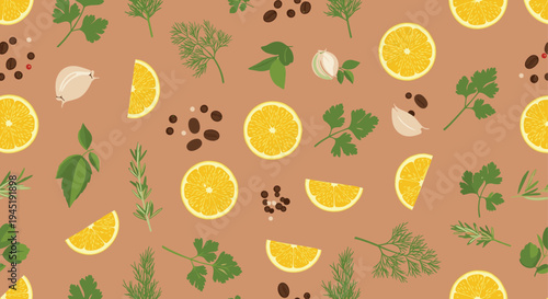Vibrant seamless pattern of essential kitchen ingredients including lemon slices, garlic cloves, herb sprigs, and peppercorns on warm brown.