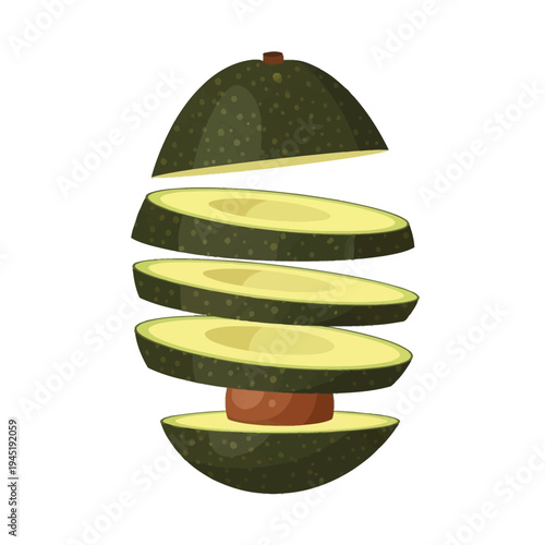 A cartoon illustration of a fresh green avocado cut into floating horizontal slices, revealing its creamy flesh and brown pit.