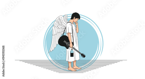 Melancholy illustration of a pensive angel with large white wings holding an acoustic guitar and a bottle while standing on a quiet pier.