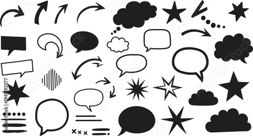 A collection of various black comic book style speech bubbles arrows stars and other graphic design elements on a white background