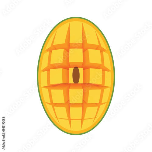 A vibrant illustration of a ripe mango cut in half, displaying its juicy yellow flesh scored into cubes around a central seed.