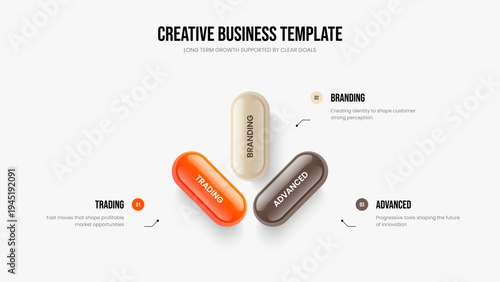 Digital Launch Three Option Diagram Slide Template. Advertising Performance 3 Element Infographic Frame Layout. Market Briefing Slideshow Design Vector Illustration.