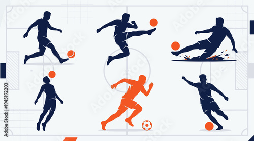 SOCCER PLAYER ACTION SILHOUETTES SET FOR FOOTBALL TRAINING AND CHAMPIONSHIP