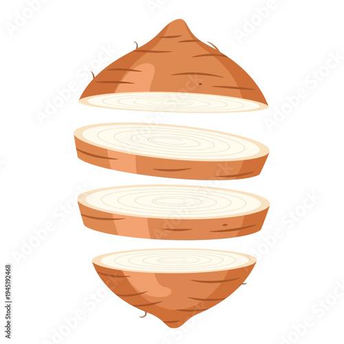 A cartoon illustration of a brown root vegetable, possibly a yam or sweet potato, sliced into four separated pieces, revealing its white interior.