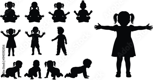 Kids silhouette pose set with crawling toddlers standing children and meditation sitting girl figures black vector illustration isolated