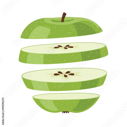 A vibrant green apple is depicted in a vector illustration, meticulously sliced into four horizontal pieces, revealing its core and seeds, floating against a white background.
