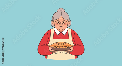 Heartwarming illustration of a kind elderly grandmother with grey hair wearing a cream apron and holding a freshly baked hot pie.