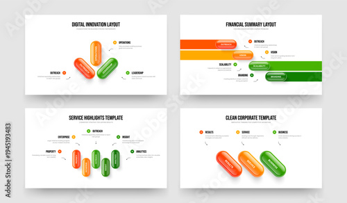 Professional Proposal Three Four Five Step Infographic Slideshow Design Vector Illustration Collection. Enterprise Briefing 3 4 5 Element Diagram Slide Layout Set.