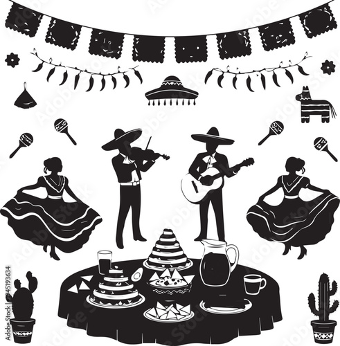 Mexican party scene illustration silhouette dancers musicians food and decor vector