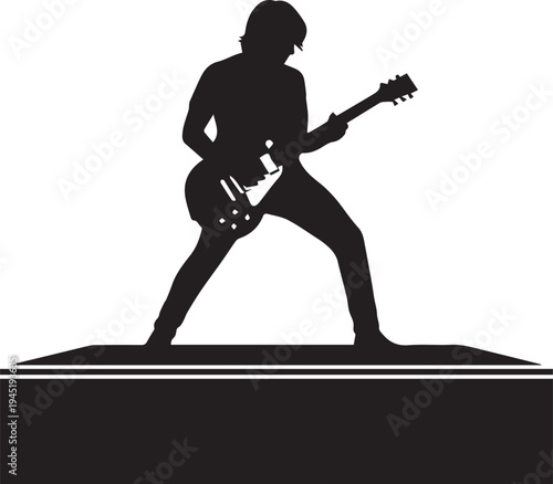 Musician playing electric guitar vector silhouette illustration performing rock song on stage