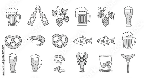 Collection of monochrome icons related to beer and snacks featuring mugs, bottles, pretzels, shrimp, fish, peanuts, lobster, and sausage.