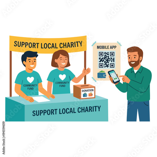 Volunteers at a charity booth interact with a donor using a mobile app.