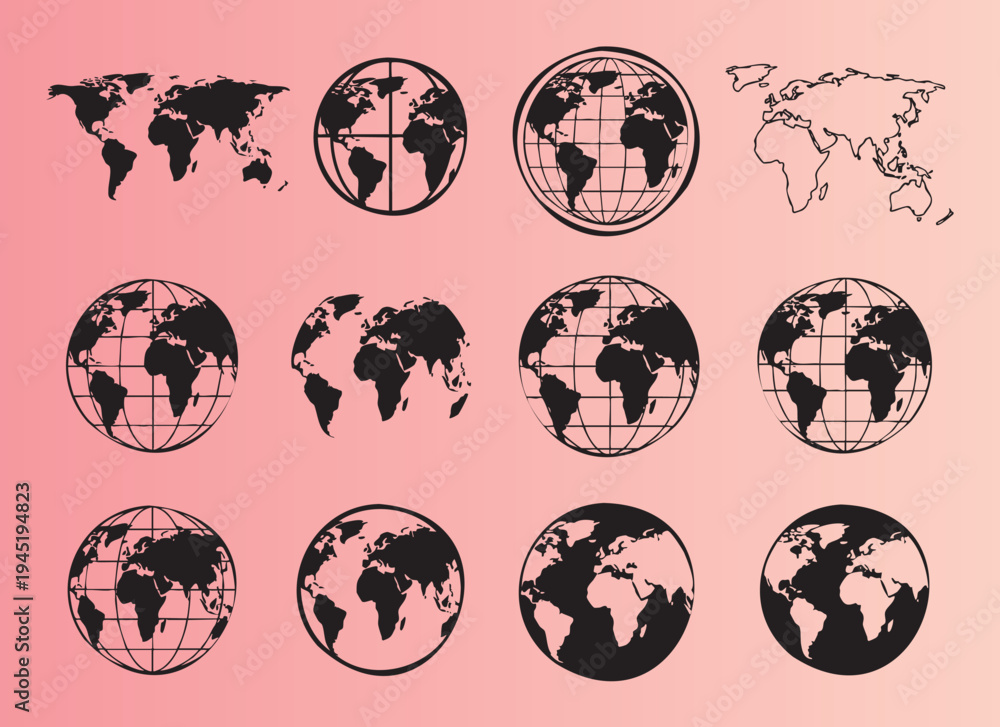 Obraz premium Collection of diverse world map designs and globe illustrations in various styles and projections