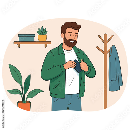 Man wearing green jacket zips up indoors with plants nearby