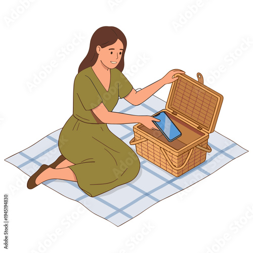 Woman opening picnic basket on blanket outdoors with food