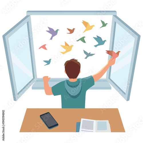 Man sitting at desk releases colorful birds from open window
