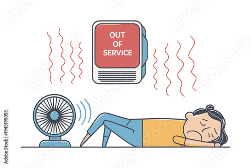 Person lying on floor near fan during heatwave with broken air conditioner out of service