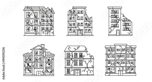 Collection of Damaged Buildings in Black and White Line Art.
