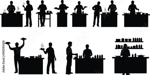 Cooking people silhouette illustration set showing chefs and kitchen workers preparing serving food at counters isolated on white background culinary concept