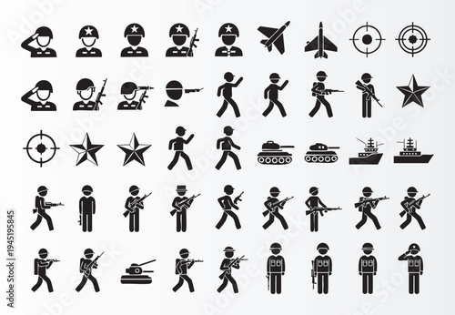 Collection of military icons featuring soldiers tanks ships and aircraft isolated in monochrome style