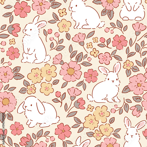 Cute white rabbits with spring floral. Seamless vector pattern. Tiny loose floral design on isolated background. Hand drawn Easter bunny pattern. 
