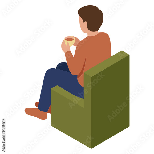 Man sitting on green chair holding a cup