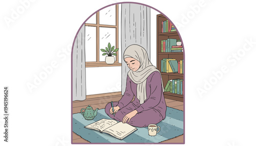 A woman wearing a hijab sitting cross-legged on a mat reading a book
